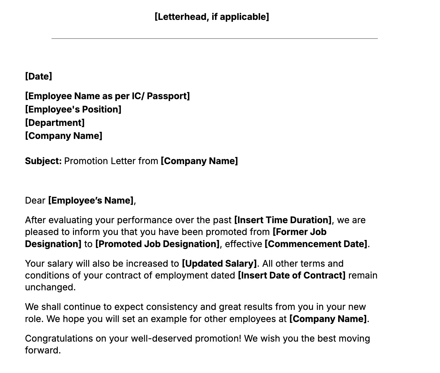 snippet of promotion letter template